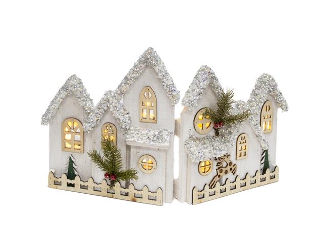 LED SNOW COVERED FOLDABLE WHITE WOODEN VILLAGE (10.2"H)